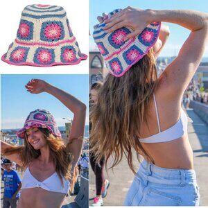 JOCELYN Women's The Tulum Crochet Bucket Hat Pink Multi Floral O/S NEW $75